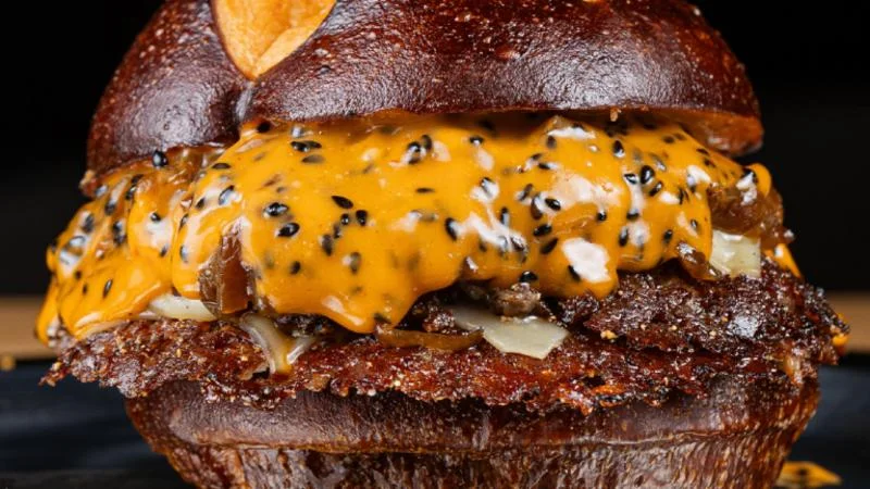 Burger Emmy de King'a con pan pretzel y cheddar ahumado
